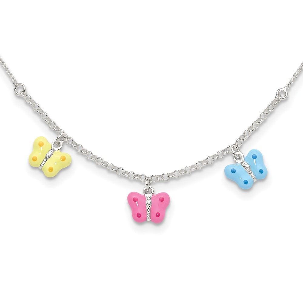 Sterling Silver Yellow Pink Blue Enameled 3 Butterfly Children's 14" Necklace